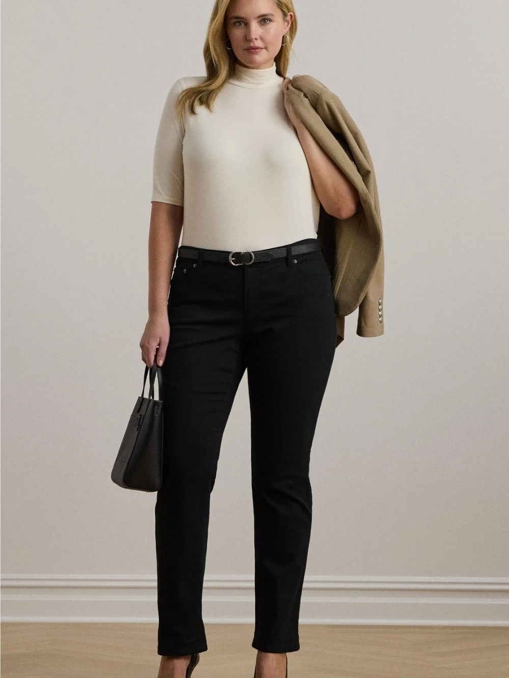Lauren Ralph Lauren Women’s Plus 1X Ivory Mock Neck Elbow Sleeve Stretch Top